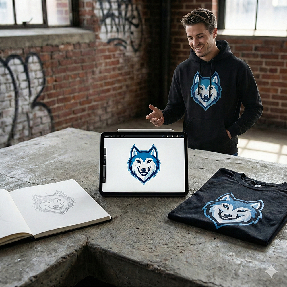 ale designer holding a tablet displaying a custom blue wolf logo, showcasing Print Lab custom branding services with a matching printed black t-shirt and sketchbook