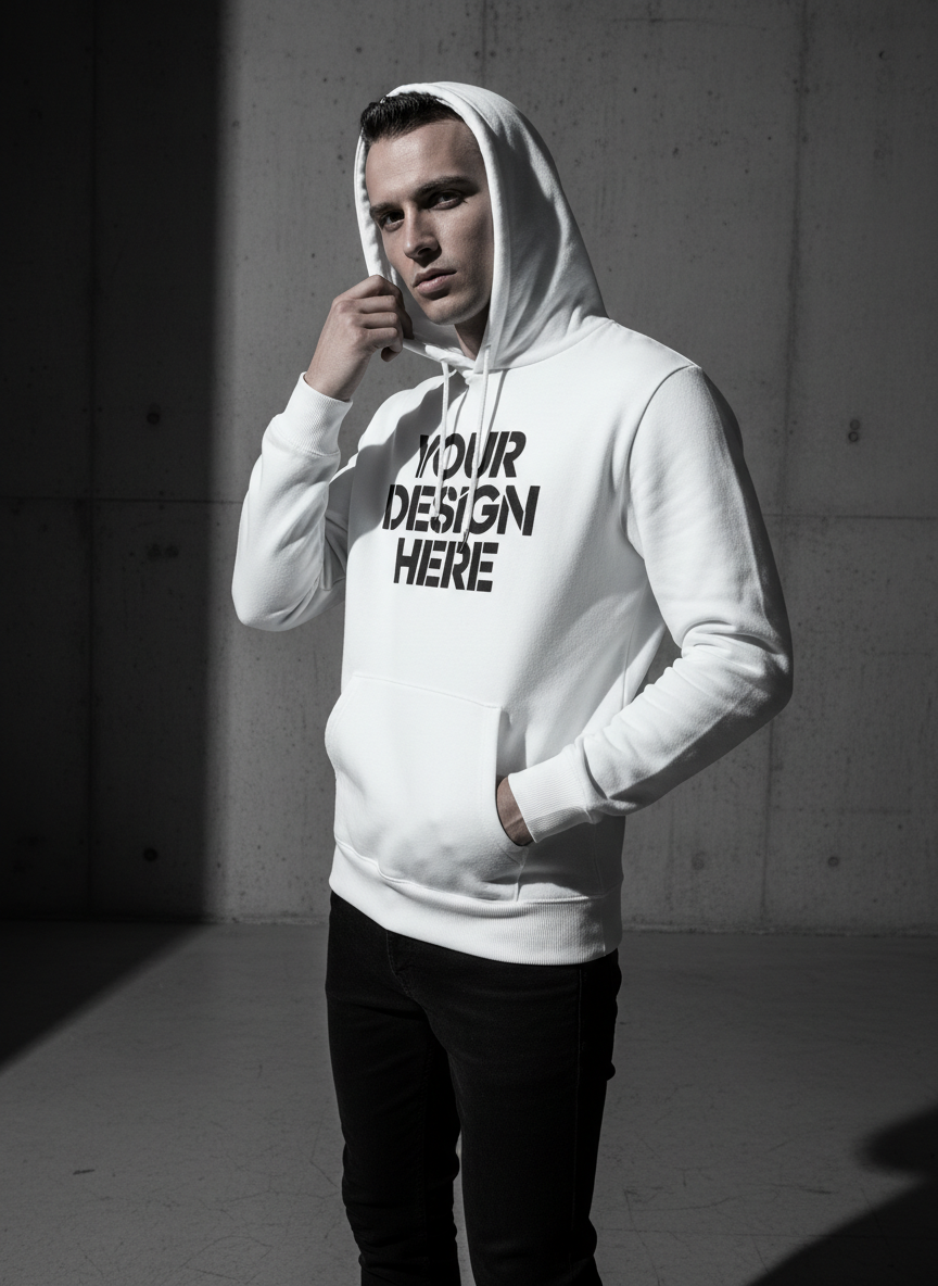 Man wearing a white hoodie with 'Your Design Here' text in a minimalistic setting