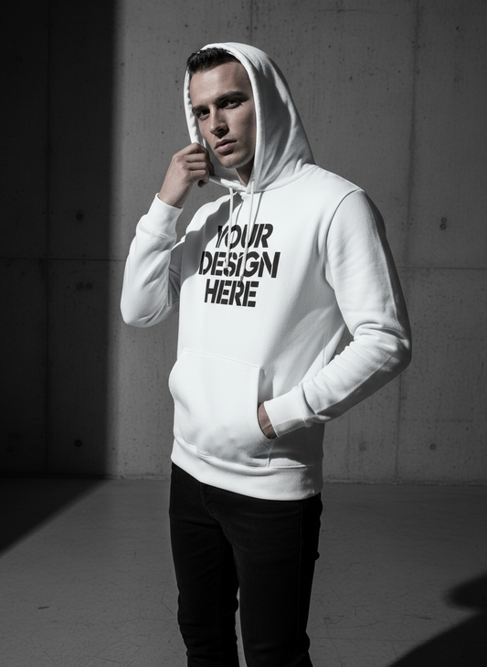 Man wearing a white hoodie with 'Your Design Here' text in a minimalistic setting