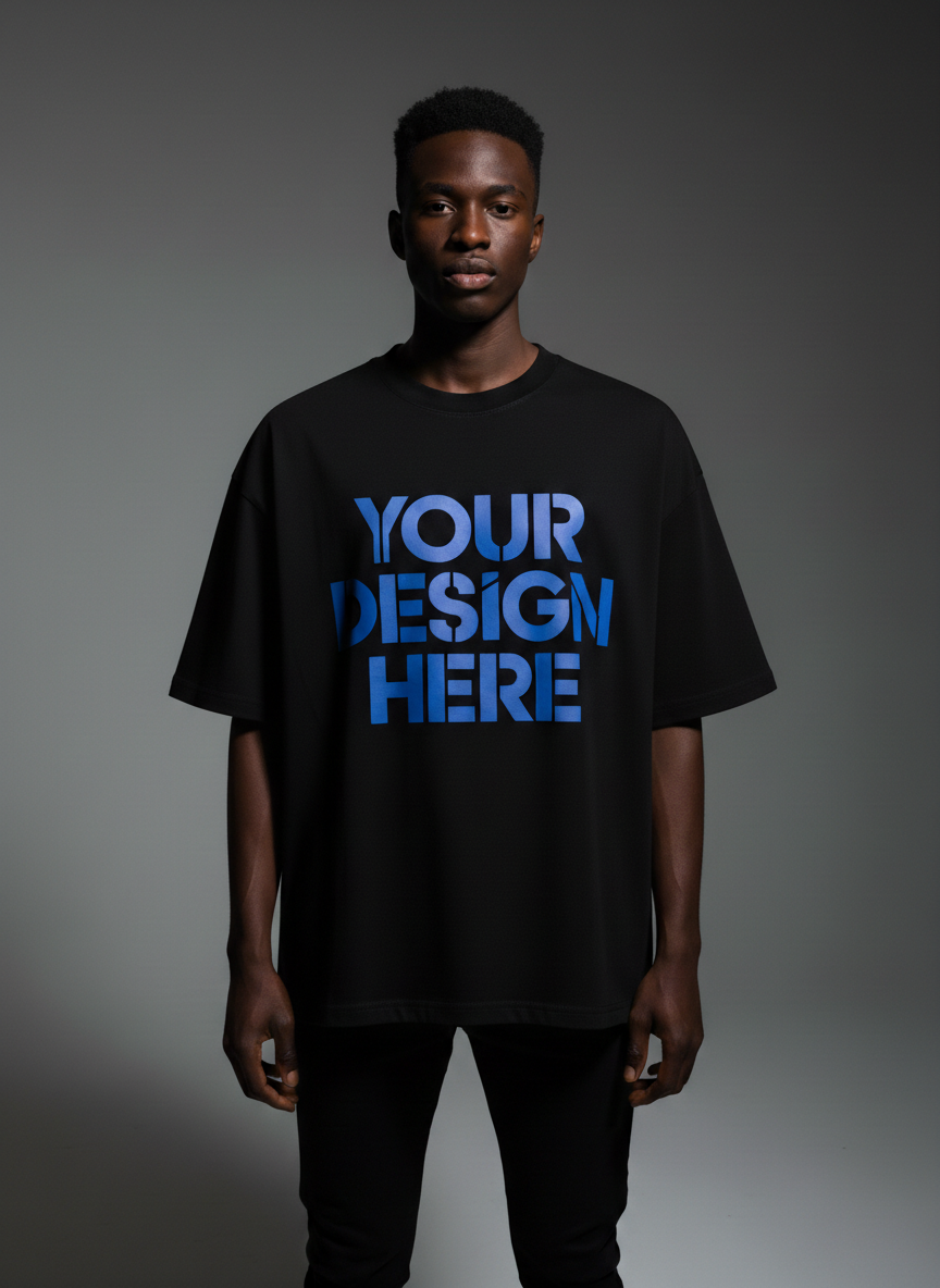 A male model in an oversized black t-shirt with blue 'YOUR DESIGN HERE' text, shot against a gray studio background.