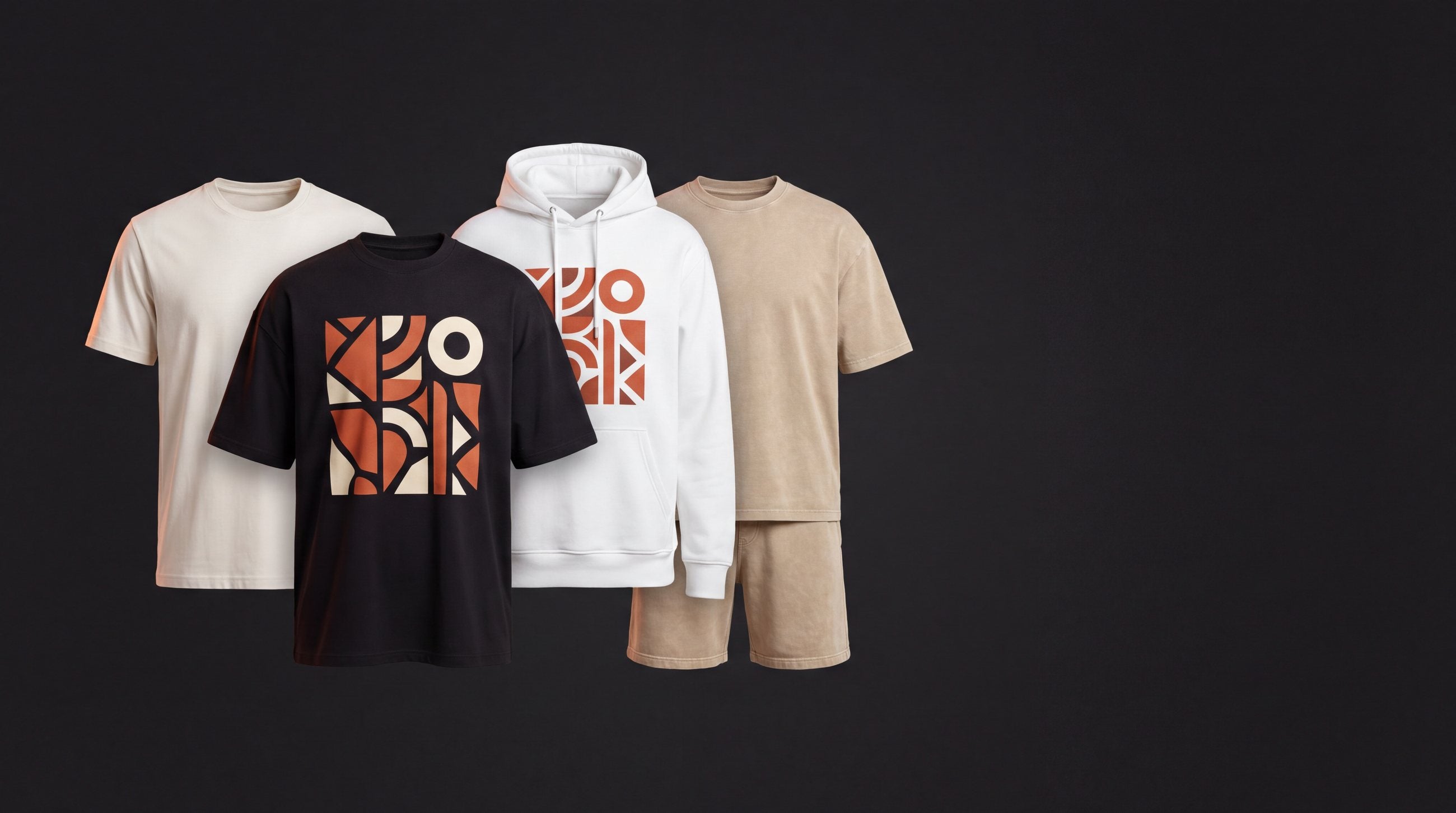 Print Lab apparel: a plain white tee, a black oversized tee and a white hoodie with printed graphics, and a sand short set